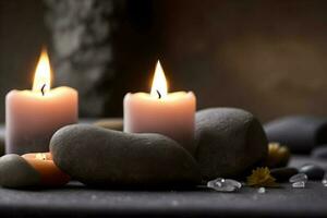 Spa still life with candles and stones on dark background, AI Generated. photo