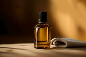 Essential oil in a glass bottle and a towel on a wooden table. AI Generated. photo