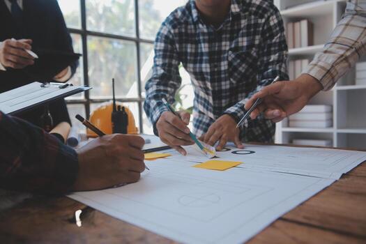 Engineer Teamwork Meeting, Drawing working on blueprint meeting for project working with partner on model building and engineering tools in working site, Construction and structure concept. photo