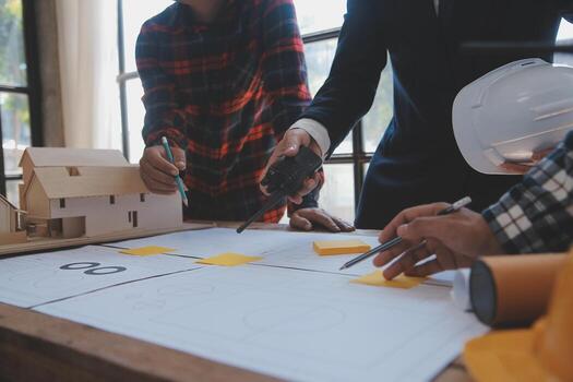 Engineer Teamwork Meeting, Drawing working on blueprint meeting for project working with partner on model building and engineering tools in working site, Construction and structure concept. photo
