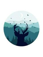 The silhouette of a deer against the backdrop of a mountainous winter landscape with a moon and a starry sky. vector