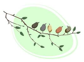 Spring birds sit on a branch with leaves. vector