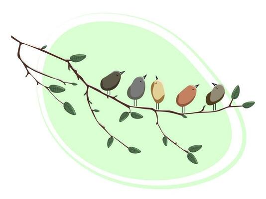 Spring birds sit on a branch with leaves.