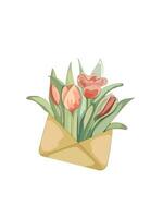 Spring bouquet of tulips with foliage in a graft envelope. vector