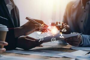 woman Hand holding virtual Global Internet connection metaverse. Business global internet connection application technology and digital marketing, Financial and banking, Digital link tech, big data. photo