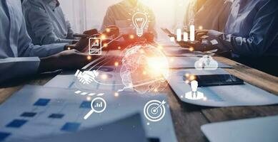 woman Hand holding virtual Global Internet connection metaverse. Business global internet connection application technology and digital marketing, Financial and banking, Digital link tech, big data. photo