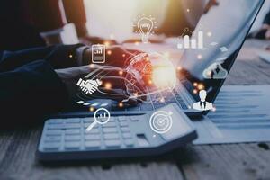 woman Hand holding virtual Global Internet connection metaverse. Business global internet connection application technology and digital marketing, Financial and banking, Digital link tech, big data. photo