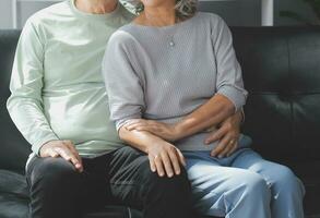 Happy mature couple using laptop at home photo