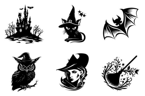 Scary castle, cute black cat and owl, bat, witch and magic broom - Halloween graphics set, black and white, isolated.