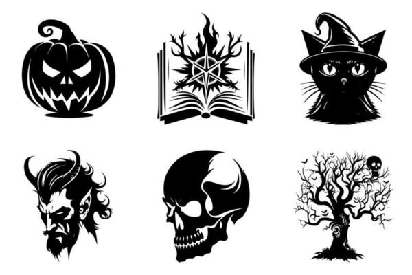 Scary tree, pumpkin, magic spellbook, black cat, devil, skull - Halloween graphics set, black and white, isolated.