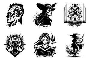 Scary monster, witches, magic spellbook - Halloween graphics set, black and white, isolated vector