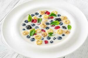 Cereal with milk and berries photo