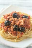 Spaghetti with tuna and black olives photo