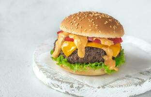 Hamburger on the wooden board photo