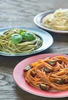 Portions of colorful spaghetti with ingredients photo