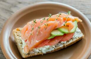 Sandwich with salmon, avocado and tomatoes photo