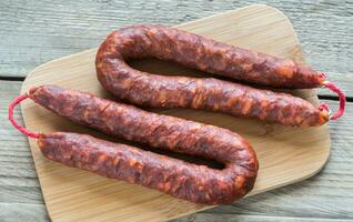 Chorizo on the wooden board photo