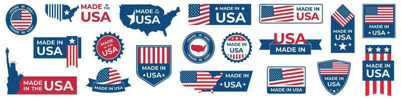 Made in USA badges set. American labels. Patriotic logo or stamp. Vector illustration.