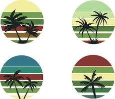 set of island icons. retro sunsets style of the 80s and 90s icons. a sunny gradient. Silhouettes of palm trees. vector