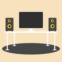 Workplace desk, computer, speaker flat illustration vector