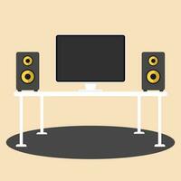 Workplace desk, computer, speaker flat illustration vector