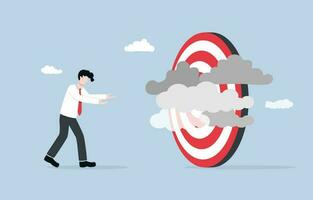 Unclear target, lack of specific business goal or direction, confusion and inefficiency due to poor business vision concept, Businessman frustrated with clouds obscuring target. vector