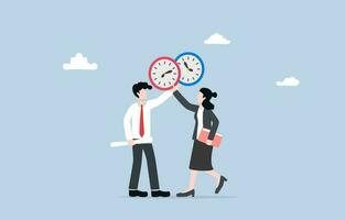Exchange work shifts, allowing employees more flexible at work, swapping scheduled work hours to accommodated personal preferences concept, Colleagues agree to exchange clocks. vector