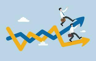 Business competition, marketing rivalry to gain capture larger share of market, concept, Businessman running on line graph to compete with competitor on another graph. vector