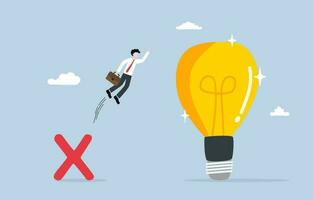 Learn from mistake, gain knowledge or experience  from failure concept, Businessman jumping from cross sign up to light bulb. vector