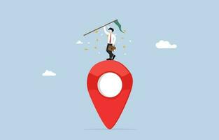 Winning at local marketing, effective branding and positioning in particular, success and leadership concept, Businessman raising flag on top of map pin icon. vector