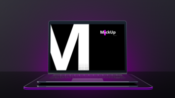 metalen laptop mock-up Aan staan en LED magenta licht grens geplaatst Aan zwart achtergrond. psd