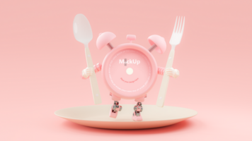 Pink alarm clock robot holding spoon and fork standing on cream color plate. psd