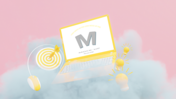 Yellow laptop Mock-Up with light bulbs and dartboard floating on blue cloud fluff on pink background. psd