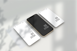 Mobile phone mockup and three screens floating psd