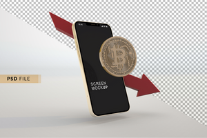 bitcoin vers le bas avec téléphone intelligent maquette psd