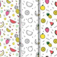Summer patterns collection with fruits and geometric shapes watermelon cherry pineapple banana strawberry vector
