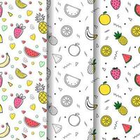 Summer patterns collection with fruits and geometric shapes watermelon cherry pineapple banana strawberry vector