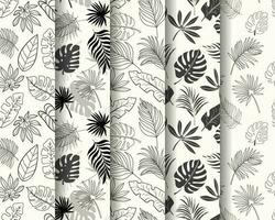 Seamless pattern collection with hand drawn summer tropical leaves vector