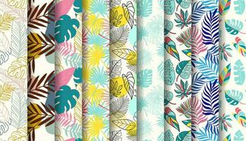 Seamless pattern collection with colorful hand drawn summer tropical leaves vector