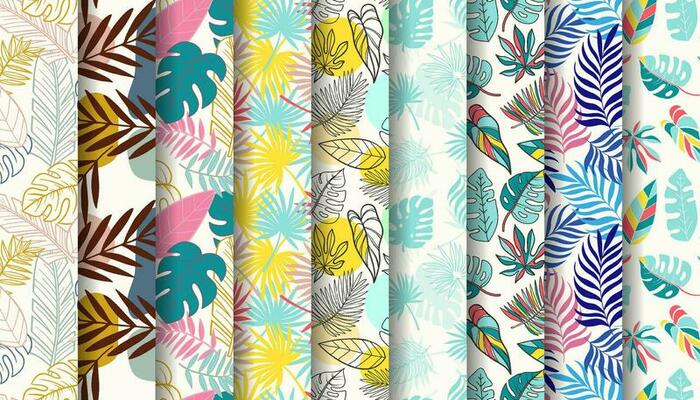 Seamless pattern collection with colorful hand drawn summer tropical leaves