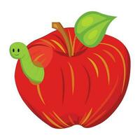 Red apple with a smiling worm. Vector illustration in cartoon style isolated on a white background.