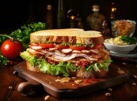 A tasty turkey and lettuce sandwich with a garnish of tomatoes and other vegetables photo