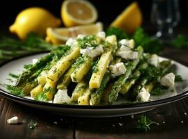 Asparagus with feta cheese on a plate with lemon photo