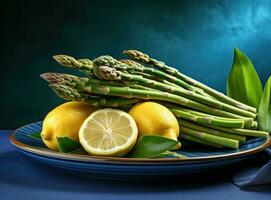 Asparagus with feta cheese on a plate with lemon photo