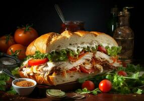 A tasty turkey and lettuce sandwich with a garnish of tomatoes and other vegetables photo