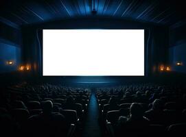 Big cinema with empty screen mockup photo