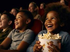 joven niños sonriente esperando con palomitas de maiz a cine foto