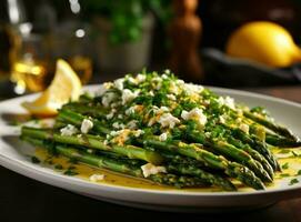 Asparagus with feta cheese on a plate with lemon photo