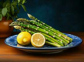 Asparagus with feta cheese on a plate with lemon photo