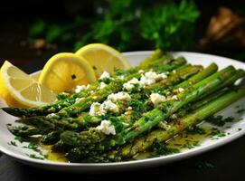 Asparagus with feta cheese on a plate with lemon photo